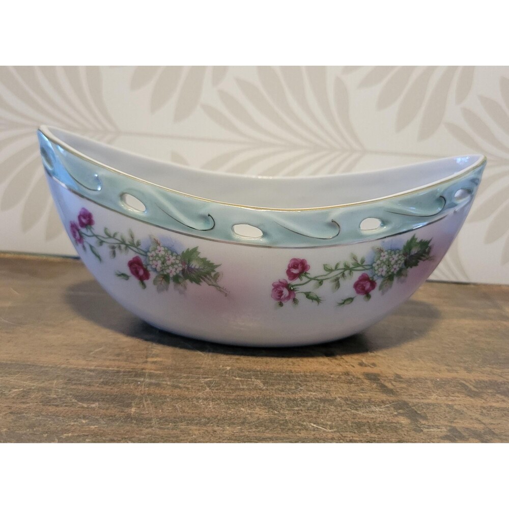 Antique Reticulated Porcelain Relish Boat Rare Single Sided Ribbon Weave Dish